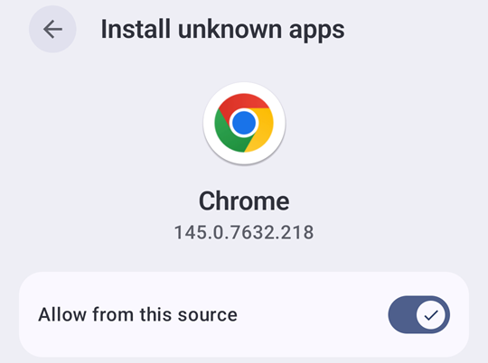 Android's Install unknown apps screen for Chrome, with the switch Allow from this source turned on.