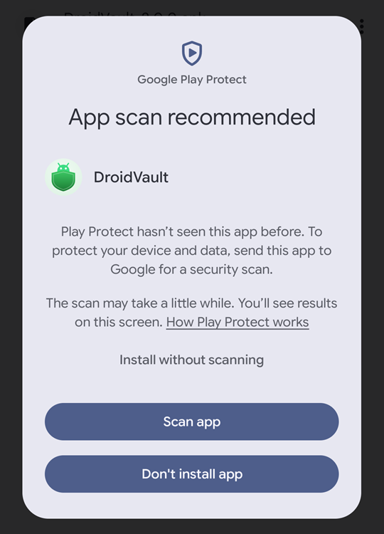 The same Google Play Protect dialog with More details expanded. Below the explanation there is a text link, Install without scanning, above the Scan app and Don't install app buttons.